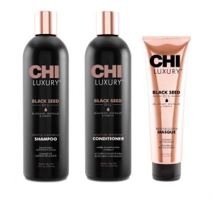 Chi luxury black seed oil Zestaw do włosów suchych i zniszczonych szampon odżywka 2x355ml i maska 147ml