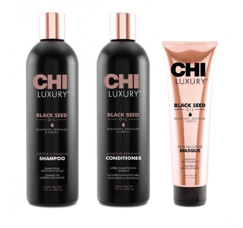 Chi luxury black seed oil Zestaw do włosów suchych i zniszczonych szampon odżywka 2x355ml i maska 147ml