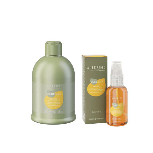 Alter ego currego silk oil Zestaw wygładzający do włosów Szampon 300ml Olejek 50ml (1).png