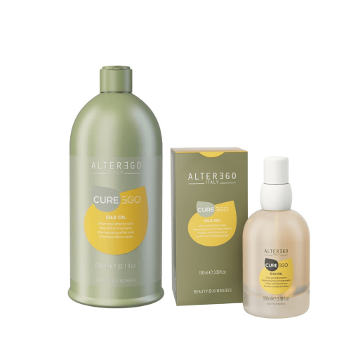 Alter ego cureego silk oil Zestaw wygładzający do włosów Szampon 950ml Olejek 100ml (1).png