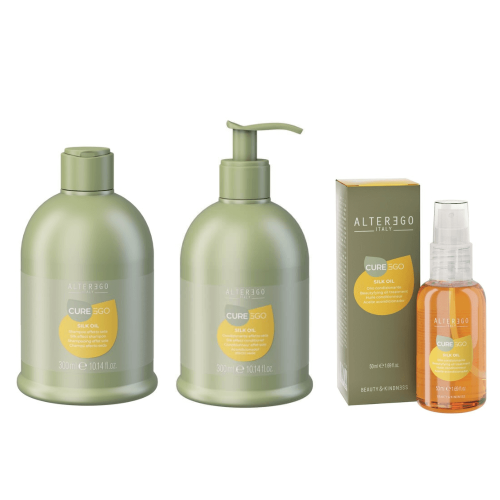 Alter ego cureego silk oil Zestaw wygładzający Szampon 300ml Odżywka 300ml Olejek 50ml (1).png